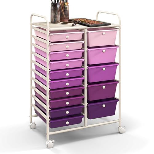 COSTWAY 15 Drawer Rolling Storage Cart, Mobile Utility Cart with Lockable Wheels, Drawers, Multipurpose Organizer Cart for Home, Office, School, Gradient Purple - color: Gradient Purple