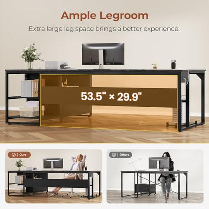 UPOSOJA 71" Executive Desk, L Shaped Office Desk with Widen File Drawers - color: Black, size: Widen Drawer