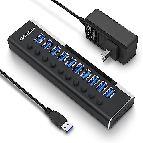 10-Port Powered USB Hub, Aluminum USB 3.0 Data Hub 36W, RSH-A10 | USB Extender Hub Splitter with 12V/3A Power Adapter and Individual On/Off Switches, for Laptop and PC - size: 10-Port Powered USB Hub