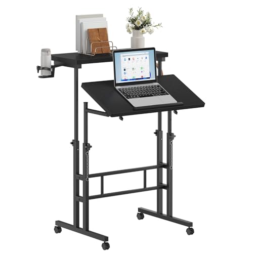 DUMOS Rolling Standing Desk, Sit Stand Desk, Computer Cart | 23.6 Inch Width, Height Adjustable, Split Top, Mobile Laptop Workstation, Office Table, Portable Design, Ink - color: Ink