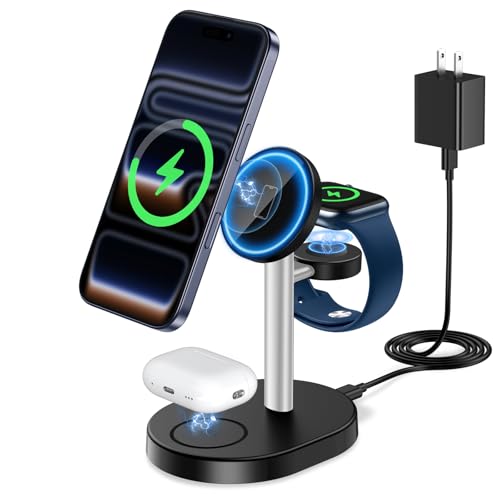 Hevanto 2026 3 in 1 Wireless Charging Station for Apple MagSafe Charger, 15W Fast Magnetic Mag-Safe Charger Stand for iPhone 17 16 15 14 13 12 Apple Watch AirPods Series, Gray&Black - color: Gray&Black, size: 15W
