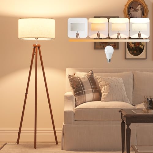 LiteHistory Wood Tripod Floor Lamps for Living Room, Bedroom, and Office,Standing lamp with Beige Linen Shade, 12W Three-Color Bulb Included, Pull Chain Switch, Tall lamp for Mothers Day Gifts, Brown - color: Brown floor lamps