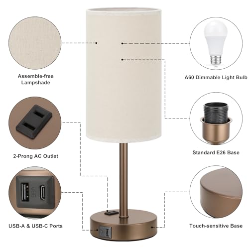 Fenmzee Touch Table Lamp - Beige, 3-Way Dimmable, USB A + C Charging, AC Outlet, 17.4inch Medium, Brown Metal Base - color: Beige - Brown, size: 17.4" Touch Control