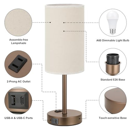 Fenmzee Touch Table Lamp - Beige, 3-Way Dimmable, USB A + C Charging, AC Outlet, 17.4inch Medium, Brown Metal Base - color: Beige - Brown, size: 17.4" Touch Control