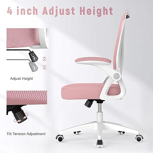 naspaluro Home Office Desk Chair Mid Back with Adjustable Height Pink | Comfy Ergonomic Chair with Flip-Up Arm and Lumbar Support, Breathable Mesh Swivel Computer Chair for Study Working Teacher - color: Pink