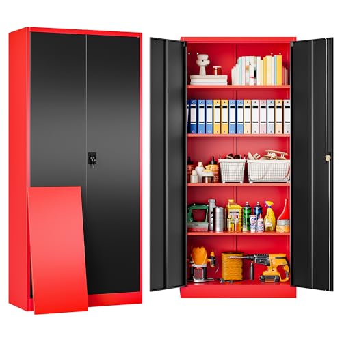 Red Metal Storage Cabinet with Locking Doors and Shelves,Garage Storage Cabinet with Lock,Steel Locker,Lockable Cabinets for Home,Office,Shop,Garage Cabinets - color: Red Black, size: 71"H x 31.5"W x 16"D-B
