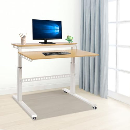 2-Tier Standing Desk Adjustable Crank Height Computer Desk with Wheels | Adjustable Crank Height, 2-Tier Spacious Desktop, Cable Management Holes, Sturdy Steel Frame, Mobile Wheels for Home Office U