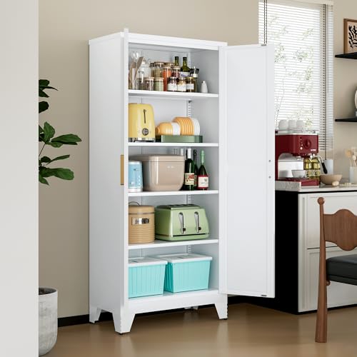 LCAOPC 71" Tall Metal Storage Cabinet with 2 Doors and 4 Adjustable Shelves, 5-Tier Kitchen Pantry Storage Cabinet for Kitchen, Living Room, Dining Room and Office, White - color: White, size: 71"H-2 Doors