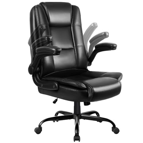LEMBERI Flip-up Arms Office Desk Chair Big and Tall Managerial Executive Chair, High Back Computer Chair Ergonomic Adjustable Height PU Leather Chairs with Armrest for Long Time Sitting - color: New Black