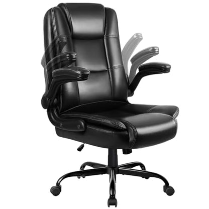 LEMBERI Flip-up Arms Office Desk Chair Big and Tall Managerial Executive Chair, High Back Computer Chair Ergonomic Adjustable Height PU Leather Chairs with Armrest for Long Time Sitting - color: New Black