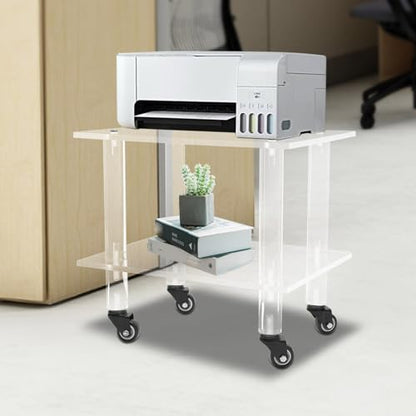 2-Tier Clear Office Rolling Cart Mobile Printer Stand Under Desk Printer Cart Storage Rack, for Storing Printers, Copy Paper, Faxes, Books, Etc