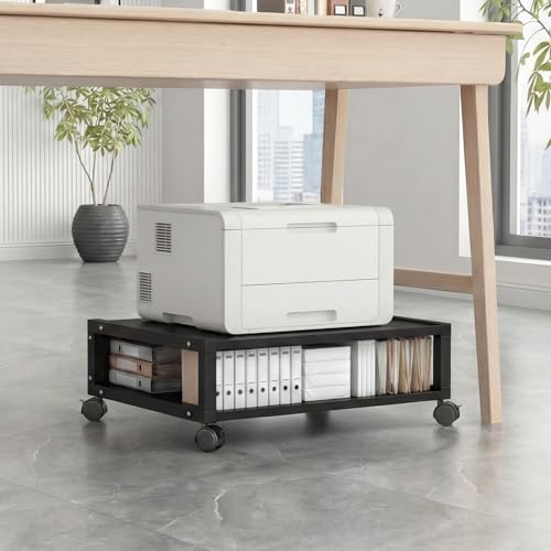 Zonon 2 Tier Printer Stand Under Desk with Wheels, Open Shelf, Black - color: Black