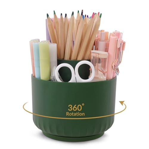 SKYDUE 360 Degree Rotating Desk Organizer, Dual-Purpose Pencil Pen Holder for Desk, Rotating Pencil Cup with Stickers, Office Supplies, Desk Decor for Office, School, Home - color: DarkGreen
