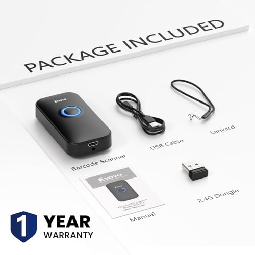 Eyoyo Mini 1D Bluetooth Barcode Scanner | 3-in-1 Bluetooth & USB Wired & 2.4G Wireless, Portable Bar Code Reader, Work with Windows, Android, iOS, Tablets or Computers - color: Black