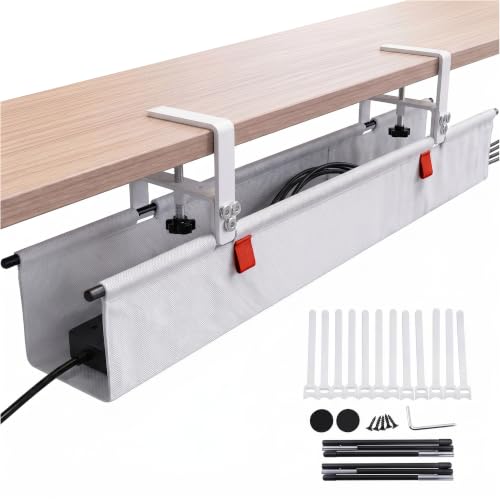 Under Desk Cable Management Tray 36" — No Drill Clamp-On Cord Organizer for Desk with Built-in Ties, Heavy Duty Metal Clamp, Foldable 600D Oxford Fabric for Home Office, WFH & Gaming PC Setup (White) - color: White, size: 36 x 5,2 x 5,3