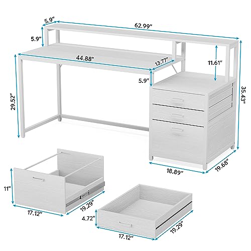 Tribesigns 63 Inch Computer Desk with File Drawer Cabinet, Ergonomic Desk - color: White
