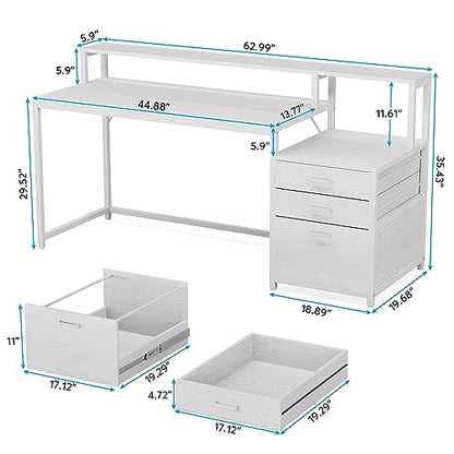 Tribesigns 63 Inch Computer Desk with File Drawer Cabinet, Ergonomic Desk - color: White