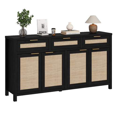 HOKYHOKY 63" Rattan Sideboard Buffet Cabinet, Boho Storage Cabinet - color: Rustic Black, size: 63-Inch