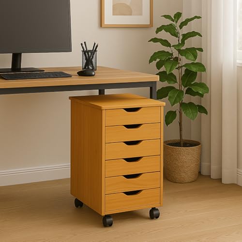 Jela-USA Solid Pine Wood 6 Drawer Rolling Cart, Honey Pine - color: Medium Wood, style: 6 Drawer