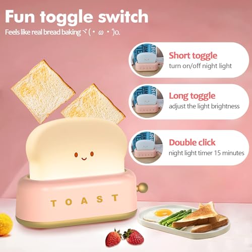 QANYI Cute Desk Decor Toaster Lamp, Kawaii LED Toast Bread Night Light Rechargeable and Portable Light with Timer, Christmas Gifts Ideas for Baby Kids Girls Teens Teenages - style: II Pink