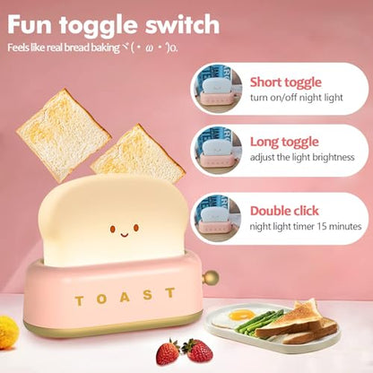QANYI Cute Desk Decor Toaster Lamp, Kawaii LED Toast Bread Night Light Rechargeable and Portable Light with Timer, Christmas Gifts Ideas for Baby Kids Girls Teens Teenages - style: II Pink