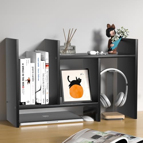 Desk Shelves Wood Desktop Orgnizer Shelf.Office Organization for Top of Desk Organizers and Accessories Bookshelf Shelving,Adjustable Tier H-Shape Mini Bookcase(Black) - color: Black