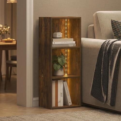 Furinno LUDER Book Shelf with LED Lights, 3-Cube Bookshelf, Bookcase, 9.3 x 12 x 31.5, for Home Office, Living Room, Study Room, Amber Pine - color: Amber Pine, size: 3-Cube LED
