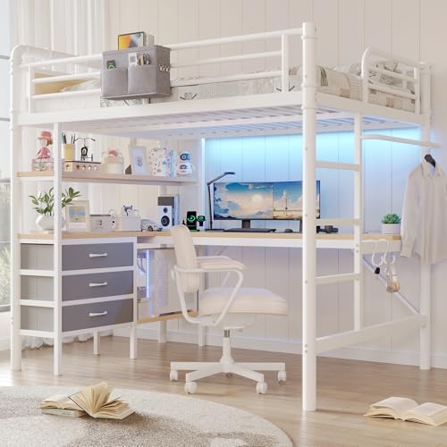 Jocoevol Full Size Loft Bed with L-Shaped Desk, LED Lights,Charging Station, Industrial Heavy Duty Metal Loft Bed Frame with 3 Storage Shelves and 3 Fabric Drawers, Safety Guard & Ladder, White - color: White, size: Full