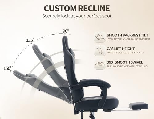 Office Desk Computer Gaming Chair for Adults, Ergonomic High Back Gamer Chair with Massage and Pocket Spring Cushion, Swivel Comfy Video Game Chairs with Footrest and Lumbar Support (Black Grey) - color: Base Grey Leather
