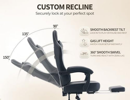 Office Desk Computer Gaming Chair for Adults, Ergonomic High Back Gamer Chair with Massage and Pocket Spring Cushion, Swivel Comfy Video Game Chairs with Footrest and Lumbar Support (Black Grey) - color: Base Grey Leather