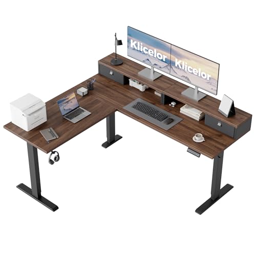 Klicelor L Shaped Electric Standing Desk 63 x 55.1 inch with Shelf, Height Adjustable Corner Desk, Sit Stand Desk with Storage Shelf, Home Office Computer Table, Dark Walnut - color: Dark Walnut, size: 63 x 55 Inch with Storage