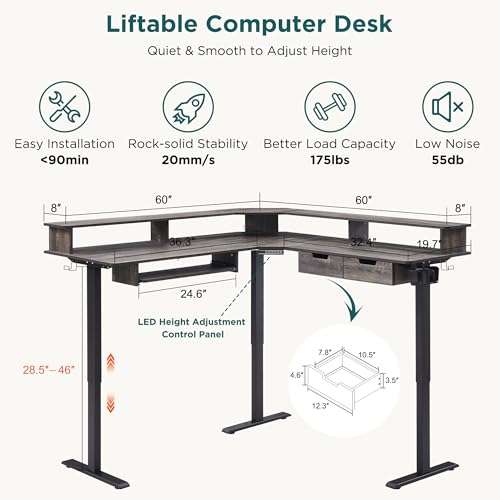 RedLemon 60 Inches L Shaped Electric Standing Desk, Dark Rustic Oak - color: Dark Rustic Oak, size: 60"X60"