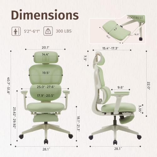 WELAX Ergonomic Office Chair with Lumbar Support, High Back Home Desk Chair with 3D Headrest & 4D Armrests, S3 Pro Ergonomic Mesh Office Chair with Footrest, Gaming & Executive Computer Chairs, Green - color: Cloud Green, size: With 16.5'' Footrest