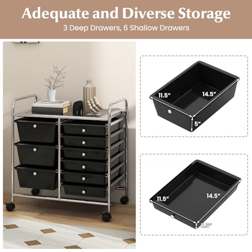 RELAX4LIFE 9 Drawer Rolling Storage Cart - Mobile Drawer Carts for Craft Art Supply Paper Salon, Utility Cart on Wheels for Classroom Teacher School Office, Rolling Cart with Drawers (Black) - color: Black, style: 9 Drawers