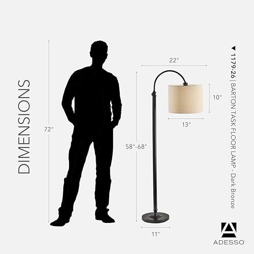 Adesso Floor Lamp, Antique Bronze & Oatmeal Linen, Adjustable Height, 58” - color: Antique Bronze, size: Task Floor Lamp