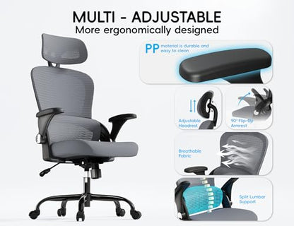 TRALT Office Chair - Ergonomic Desk Chair with Headrest Support for Adults | Home Office Desk Chair with Lumbar Support - Ergonomic Mesh Chairs 330 lb Wide Seat with Lumber Comfy Desk Chair(Black Grey) - color: Black Grey