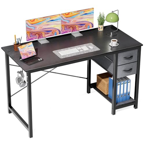 47-Inch Computer Desk with Drawers for Home Office, Black | Modern Simple Small Desk for Bedroom with Side Hook, Reversible Gaming Study Writing Table PC Desks - color: Black, size: 46 IN