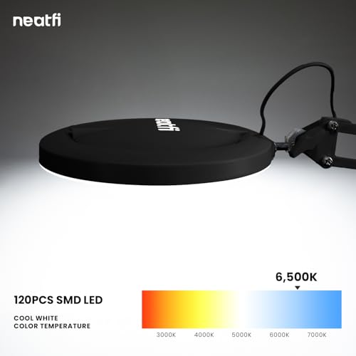Neatfi LED Magnifying Lamp with Clamp | 2.25x Magnification | 120 SMD LEDs | 1,200 Lumens | 12W | Adjustable Color Temperature Desk Lamp Magnifier (Black-3, 5-Diopter) - color: Black-3, size: 5-Diopter