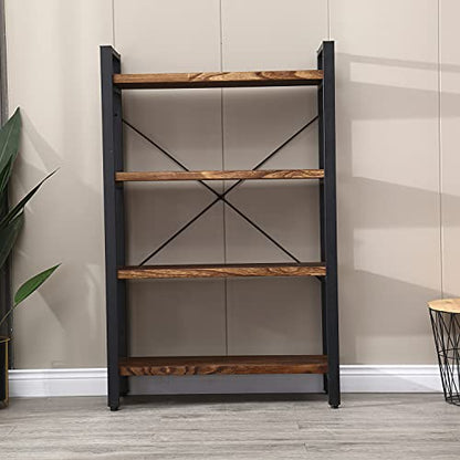 WH-AOERPUMY Solid Wood Bookshelf,4 Tier Rustic Vintage Industrial Etagere Bookcase, Open Metal and Wood Vintage Book Shelf, Retro Brown (RealWood)(4-Tier) - size: 4-Tiers-RealWood
