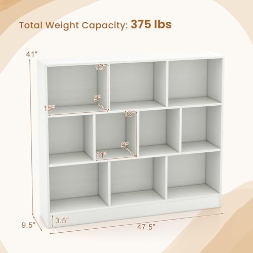 LDAILY 10 Cubes Book Shelf, 3 Shelf Bookcase Cabinet with 10 Compartments, Strong Base and Closed Back, Open Shelf Storage Organizer Bookshelf for Living Room, Bedroom, Office & Hallway (White)