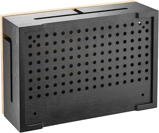 Cable Management Box Bamboo 12.6x7.9x4.3in, Black, Wall Mount Kit Included - color: Black