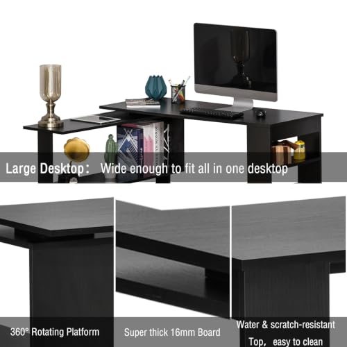 HOMCOM 47 Inch L Shaped Desk, Home Office Table, 360 Degree Rotating, Black - color: Black