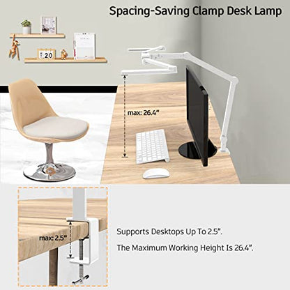 EPABINA LED Desk Lamp for Home Office, 41.5" White Clip on Architect Desk Lamp with Clamp, 24W Adjustable Dimmable Bright Swing Arm Eye Care LED Table Light Clamp on Office Lighting - color: White+9 rotatable parts