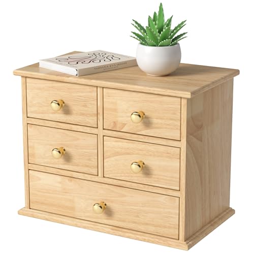 Oak Desk Organizer with Drawers, Durable Wooden Desktop Storage Box | 5 Drawer Tabletop Organizer with Metal Handles & Non-Slip Pads for Office, Bedroom, Bathroom, Vanity, Makeup Storage, Natural - color: Natural Oak, size: 5 Drawers