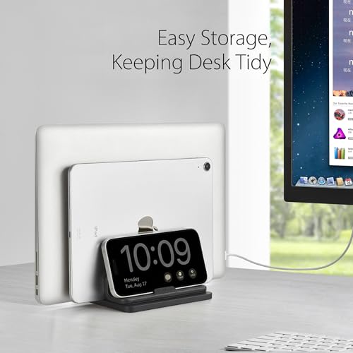 Dual Vertical Laptop Stand, 3 in 1 Upright Desktop Stand Holder with Adjustable Dock (Up to 17.3''), Leather Laptop Rack Storage Desk Organizer for Phone, Tablet, MacBook/HP/Dell/Chrome Book (Black) - color: Black