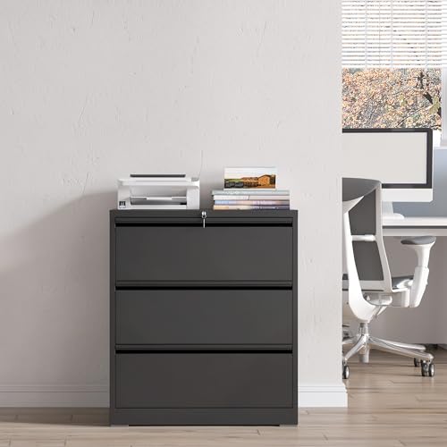 3 Drawer File Cabinet with Lock, Metal Lateral Filing Cabinets - color: Black, size: 3 Drawer_ 26"W