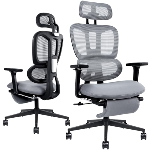 Ergonomic Office Chair with Retractable Footrest, Dark Grey | High Back Design, Dynamic Lumbar Support, 2D Headrest & 4D Armrests, Breathable Mesh Back for Home Office - color: Dark Gray