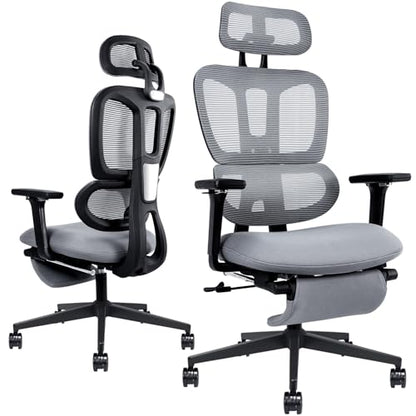 Ergonomic Office Chair with Retractable Footrest, Dark Grey - color: Dark Gray