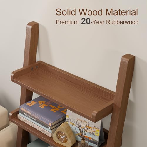 AQIMUELE Walnut Wooden Ladder Shelf with Edges, 5-Tier Modern Leaning Bookshelf Ladder – Stylish Space-Saving Bookcase for Living Room, Bedroom & Home Office - color: Walnut, size: 5-Tier