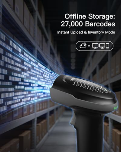 Inateck Wireless 2D Barcode Scanner Bluetooth, 1MP QR Code Reader with 2 2000mAh Batteries, 130ft Bluetooth Range, Plug and Play for Windows Mac Android iOS